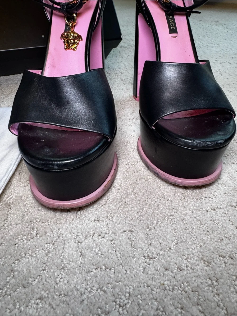 Versace Black Leather Platform Sandals with Medusa Charm & Pink Insoles Size 6